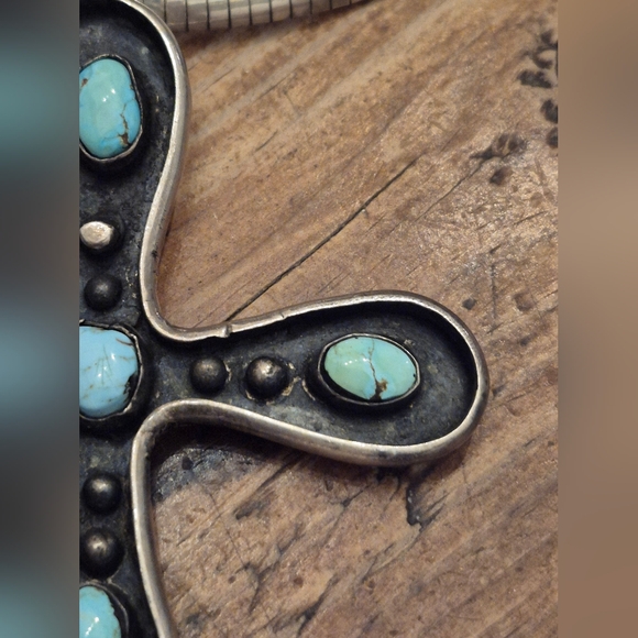 Huge Signed Navajo Sterling Turquoise Cross Pendant - Picture 6 of 10